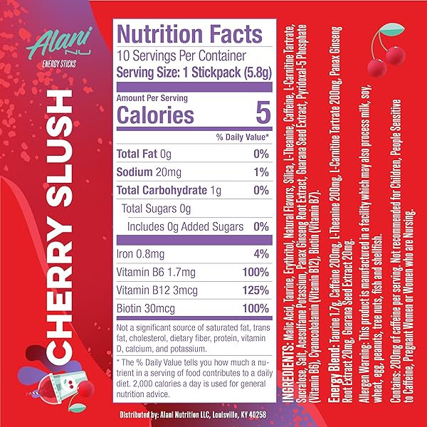 ALANI NU CHERRY SLUSH ENERGY STICKS | ENERGY DRINK POWDER | 200MG CAFFEINE | PRE WORKOUT PERFORMANCE WITH ANTIOXIDANTS | ON-THE-GO DRINK MIX | BIOTIN, B VITAMINS | ZERO SUGAR | 5 CALORIES | 10 PACK