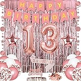 Yawagor 29 Pieces Rose Gold 13th Birthday Decorations for Girls, Happy Birthday Decor Set-13th Birthday Foil Balloons, Sash Fabulous, Cake Topper, Fringe Curtains Backdrop for Indoor Party Supplies