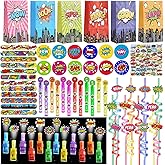 Tudona 158Pcs Hero Party Favor-Cartoon Themed Party Supplies Include Gift Bag, Button Pins,Slap Bracelets, Keychain, Straws, Stickers Fans Party Classroom Bonus Gifts