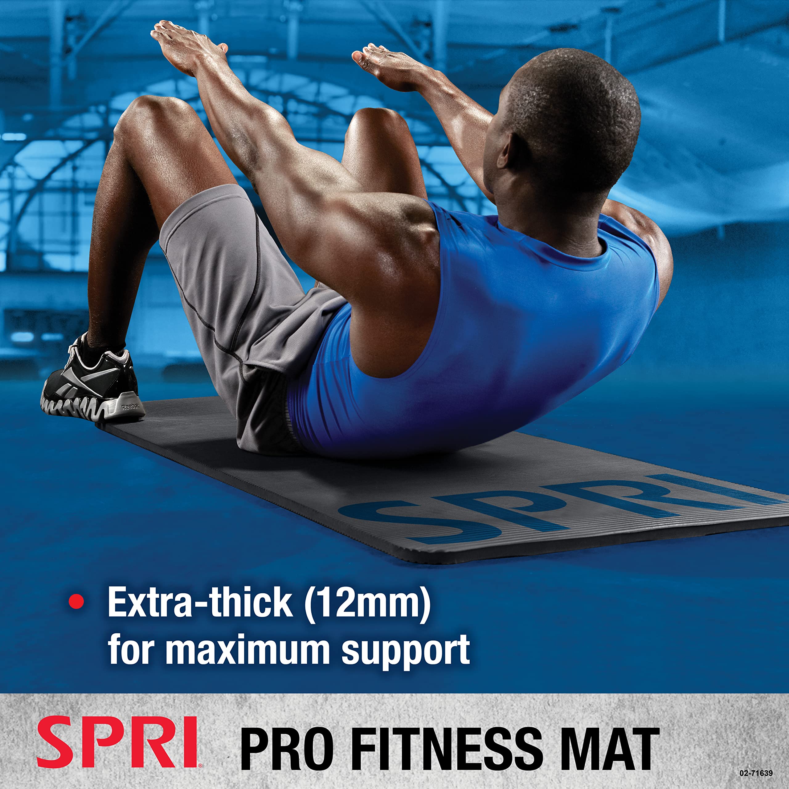 SPRI 12mm Pro Fitness Matt - Thick Exercise Mat for Floor Workouts, Sit-Ups, Push-Ups, Stretching, Toning, and General Fitness - Non-Slip Texture, Cushioned, Portable Rolling Mat with Carrying Strap