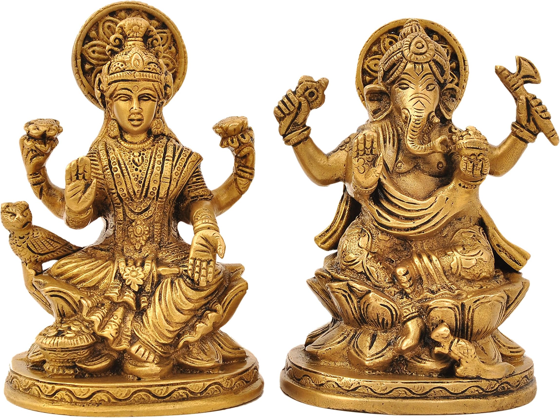 Aesthetic Decors Lakshmi (Laxmi) & Ganesh Sitting On Lotus Base in Antique Gold Showpiece - 13 cm (Brass, Gold)