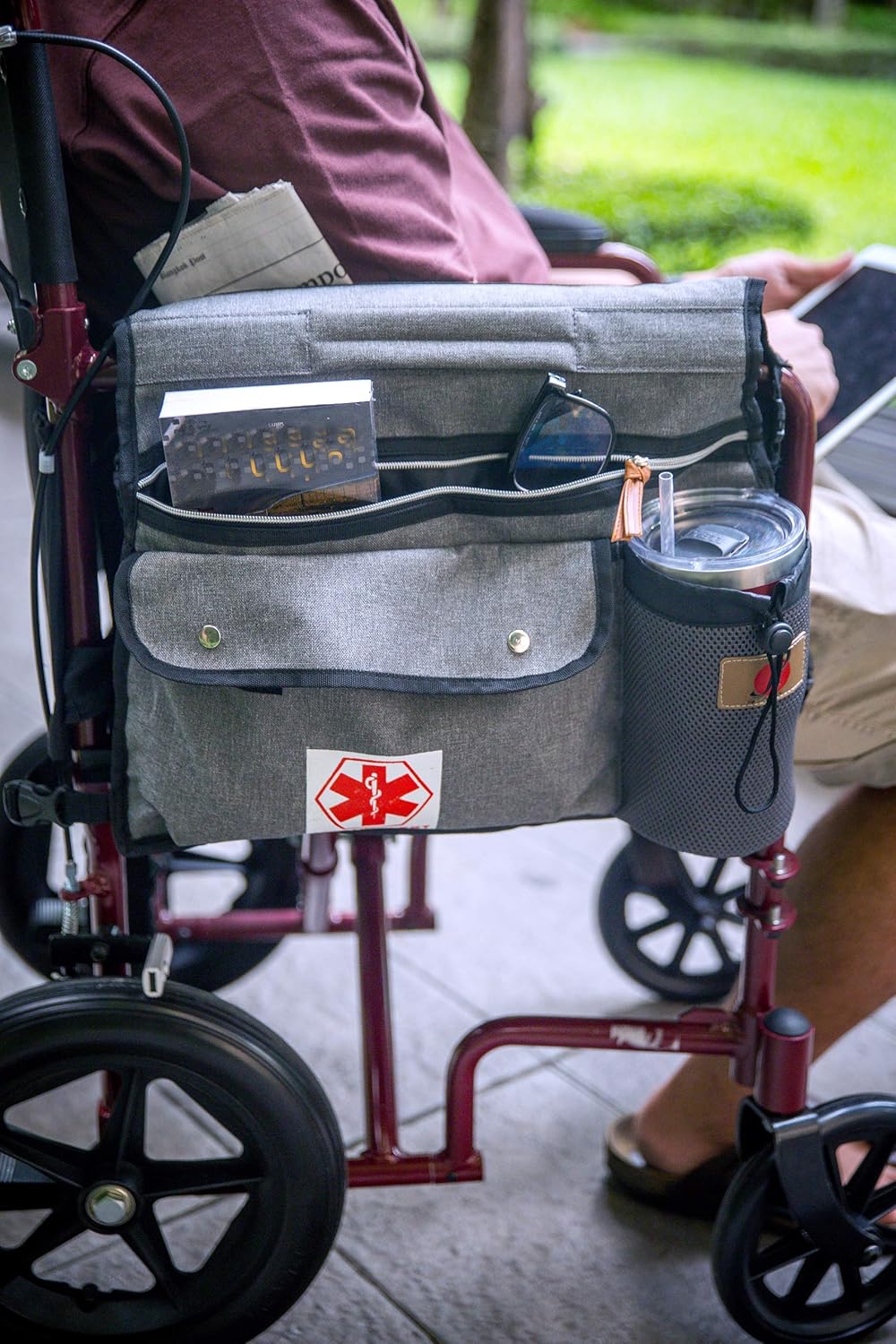 Wheelchair Side Pouch Bag(Double-Side) with Cup and Phone Holder for Manual, Electric or Power Mobility Scooter Full ARMREST by P&F for Lightweight Transport - Deluxe Wheelchair Accessories (Gray): Health & Personal Care