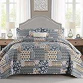 Mybedsoul Dark Grey Quilt Set Queen Size, 3 Pieces Plaid Floral Bedspread Set Patchwork Reversible Bedding Set Microfiber Lightweight Bedspread Coverlet Set for All Season 96"x90"