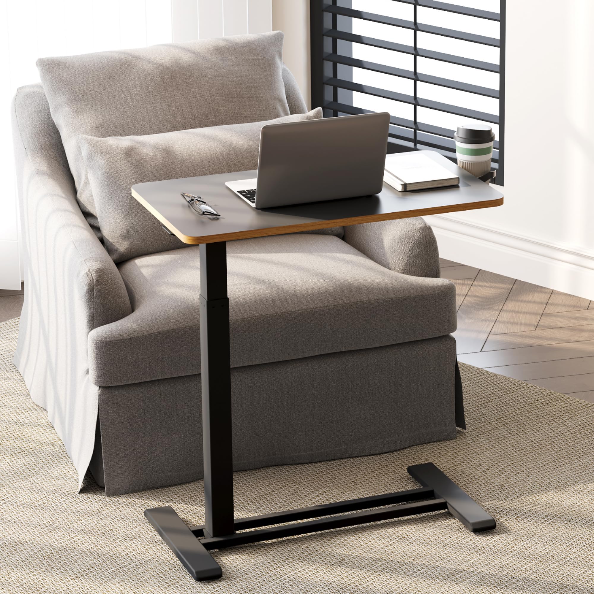 SANODESK Medical Adjustable Overbed Bedside Table with Hidden Casters, Pneumatic Mobile Laptop Computer Standing Desk Cart with Tray, Hospital and Home Use(27.6