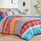 LXWORX Boho Comforter Set Queen - 7 Pieces Bed in a Bag, Bohemian Striped Comforter Set with Sheets, Soft Microfiber Colorful Floral Bedding Set for All Season