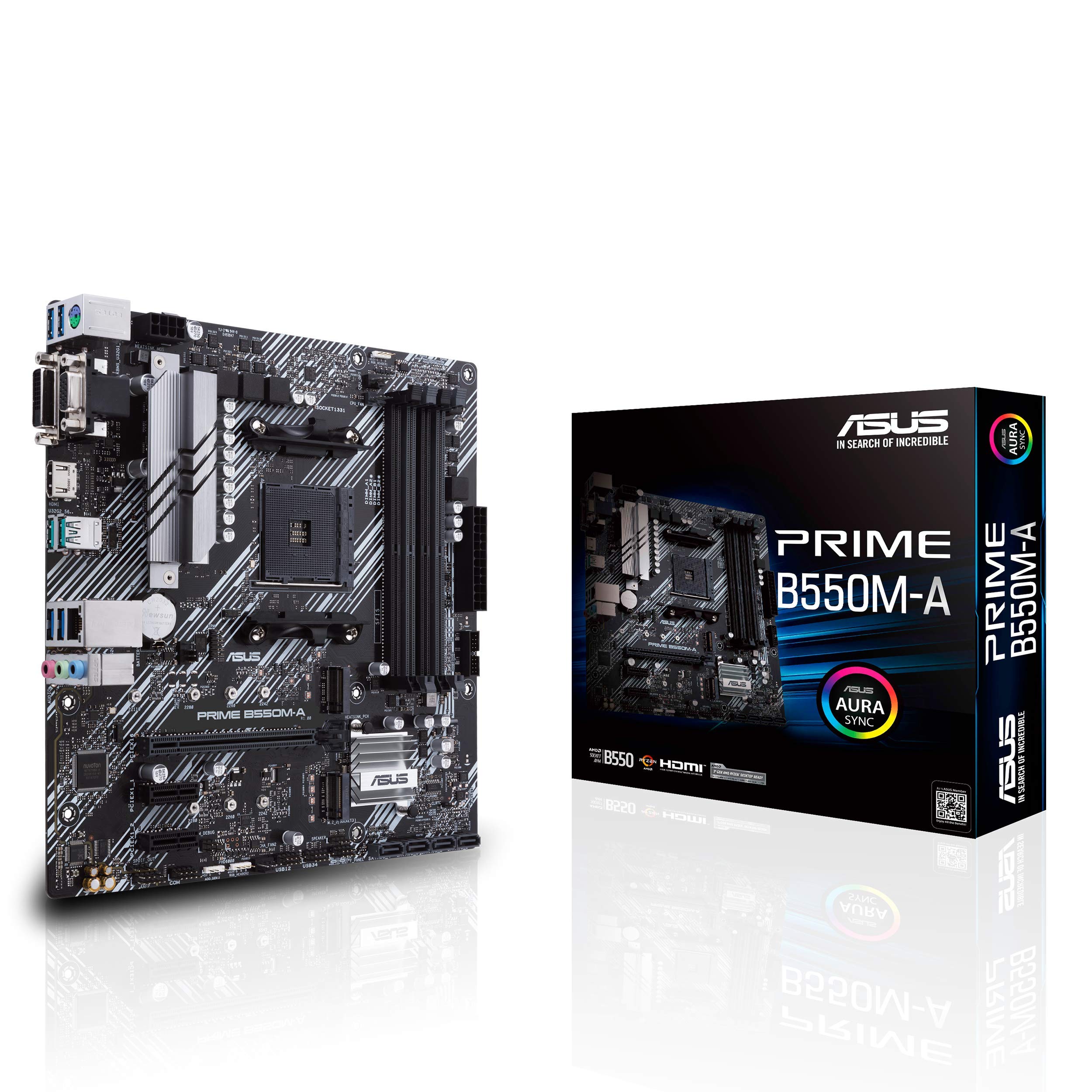 ASUS Prime B550M-A AMD Ryzen AM4 Micro ATX Motherboard (2xM.2, PCIe 4.0, 1GB Ethernet, HDMI/D-Sub/DVI, SATA 6Gbps, USB 3.2 Gen 2 Type-A, Aura Sync RGB)