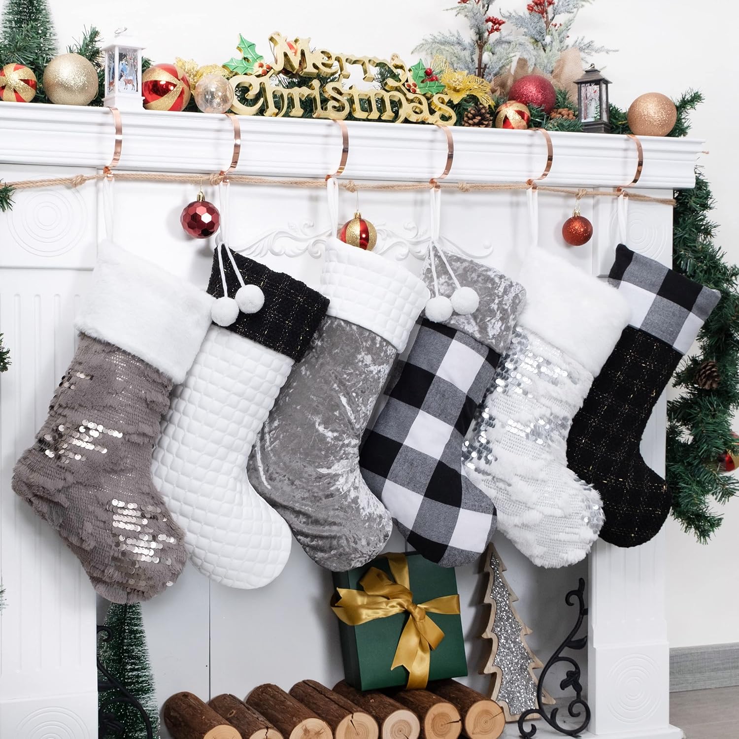 Stockings & Holders - LUBOT Christmas Stocking Large Size, Black White and Gray Contrast Color Design Combined with Flannel Plaid Plush Hairball Sequins Hanging for Family Decorations Xmas Holiday Party Gift 6 Pack