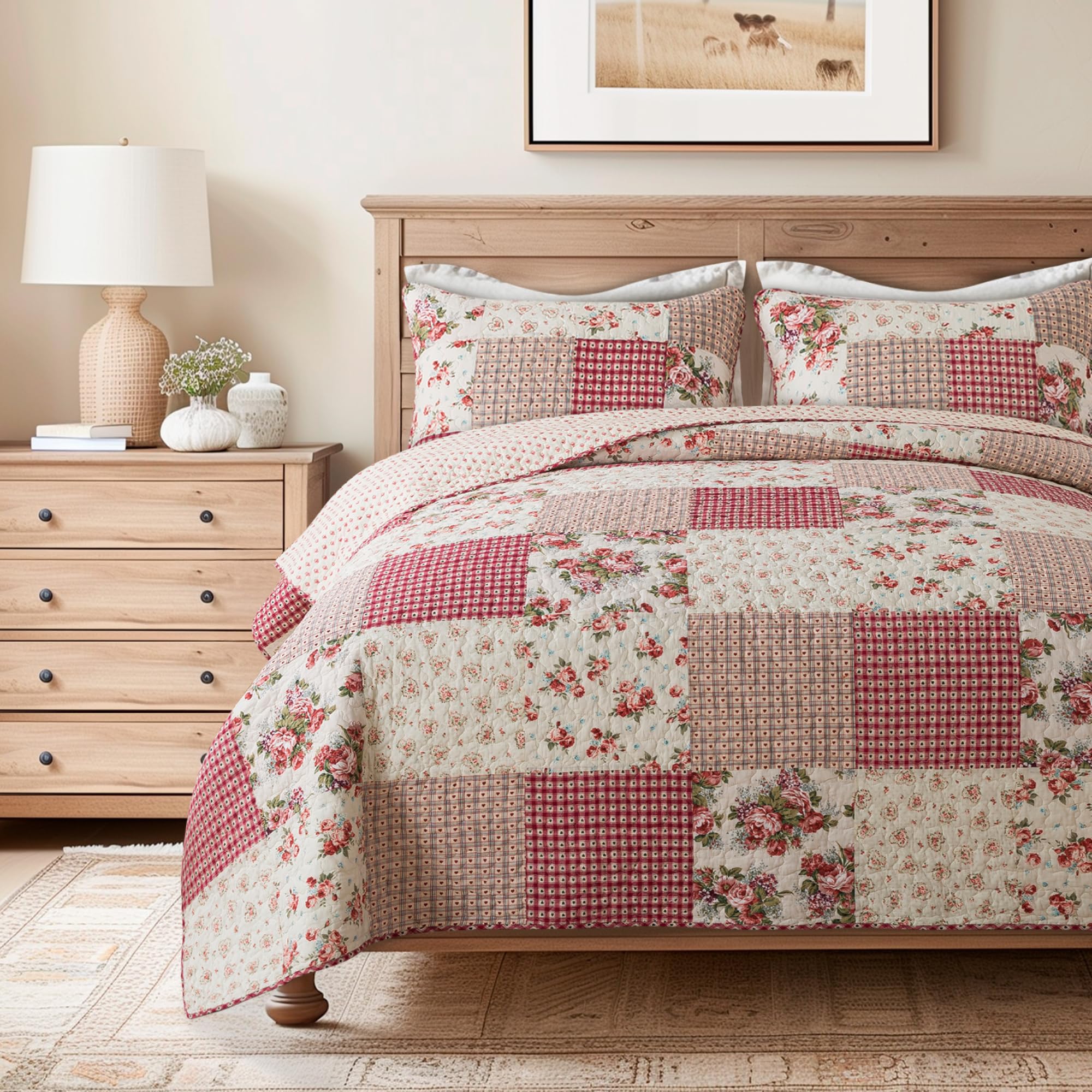 Photo 1 of SLPR Country Roses Patchwork Cotton Pieced Quilt Set - Queen Size with 2 Shams, French Country Style Floral Bedding, Red Rose Farmhouse Quilted Bedspread with Flower Pattern