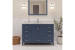 Ayna Decors Rooh 48 inch Navy Blue Single Sink Bathroom Vanity Set with White Quartz Countertop | 2 Soft Closing Doors | 7 Full Extention Soft Close Drawer | Brushed Nickel Hardware | AVR48NB3002
