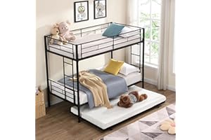 EMKK Twin Over Twin Bunk Bed with Trundle for Boys/Girls/Teens/Kids Bedroom, Metal Bedframe w/Guardrail & Ladder for Adult, Space Saving,No Box Spring Needed,Metal Bunkbed,Can be Divided Into 3 Beds