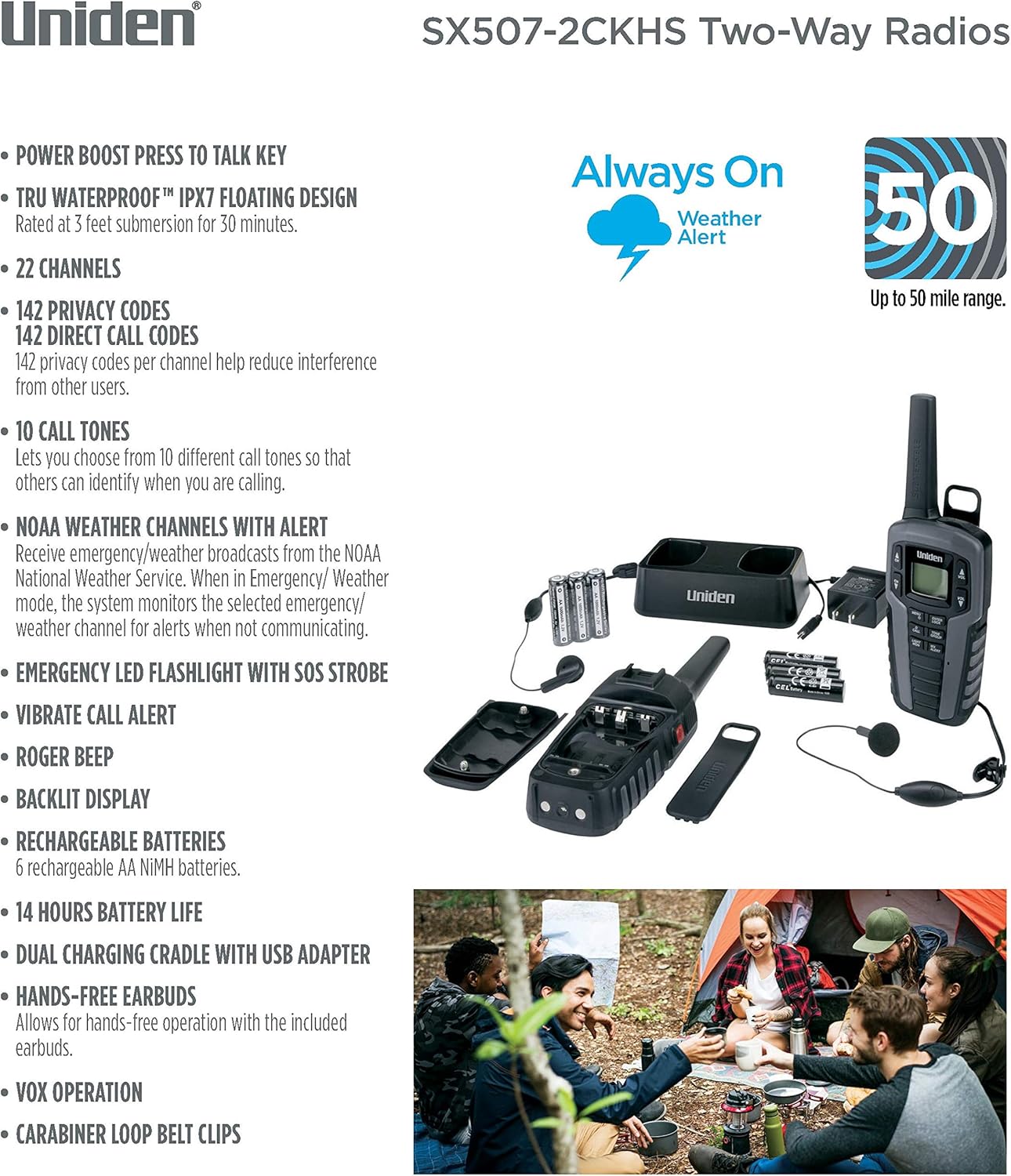 Uniden SX507-2CKHS Up to 50 Mile Range FRS Two-Way Radio Walkie Talkies W/Dual Charging Cradle, Waterproof, Floats, 22 Channels, 142 Privacy Codes, NOAA Weather Scan + Alert, Includes 2 Headsets