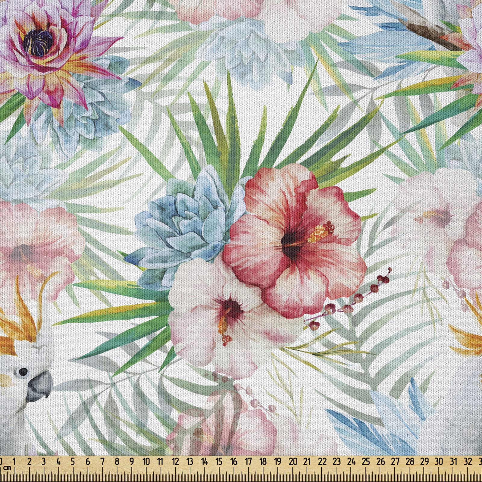ABAKUHAUS Tropical Fabric by the Yard, Exotic Hibiscuses and Parrots in Watercolors Hawaiian Flora and Fauna Composition, Microfiber Fabric for Arts and Crafts Textiles Decor, 2M, Multicolor