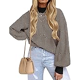 ZESICA Women's 2026 Spring Fashion Turtleneck Long Sleeve Striped Ribbed Knit Loose Pullover Sweater Tops