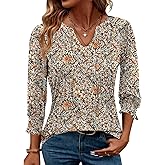 AKEWEI Blouses for Women Dressy Casual 3/4 Length Sleeve Spring Tops for Women V Neck Pleated T Shirts
