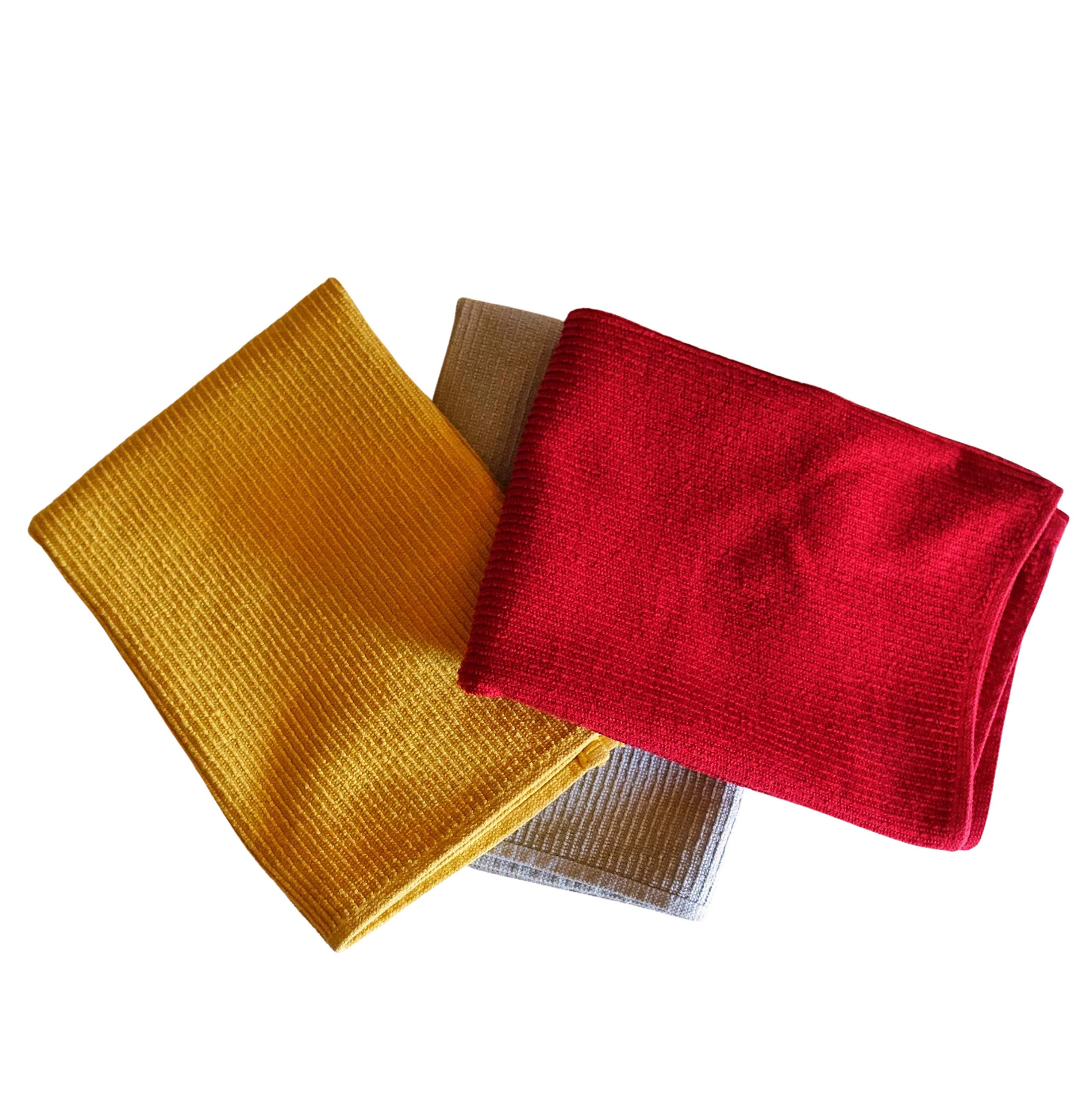 ElfRoutes Colorful Kitchen Towels - Set of 3: Red, Yellow and Grey - Super Soft and Absorbent - 100% Cotton - 50 X 70 cm. - Joyful Kitchen Accessories