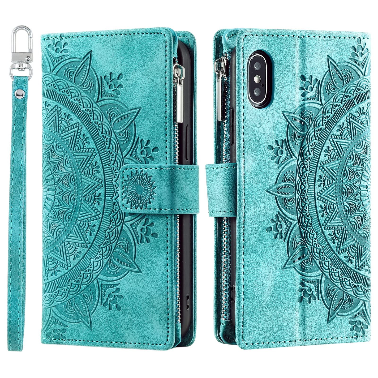 VEEMOS Wallet Case for iPhone XS MAX Flower Flip Case Protective Leather Folio Book Phone Cover with Card Slots Kickstand Zipper Pocket - Green