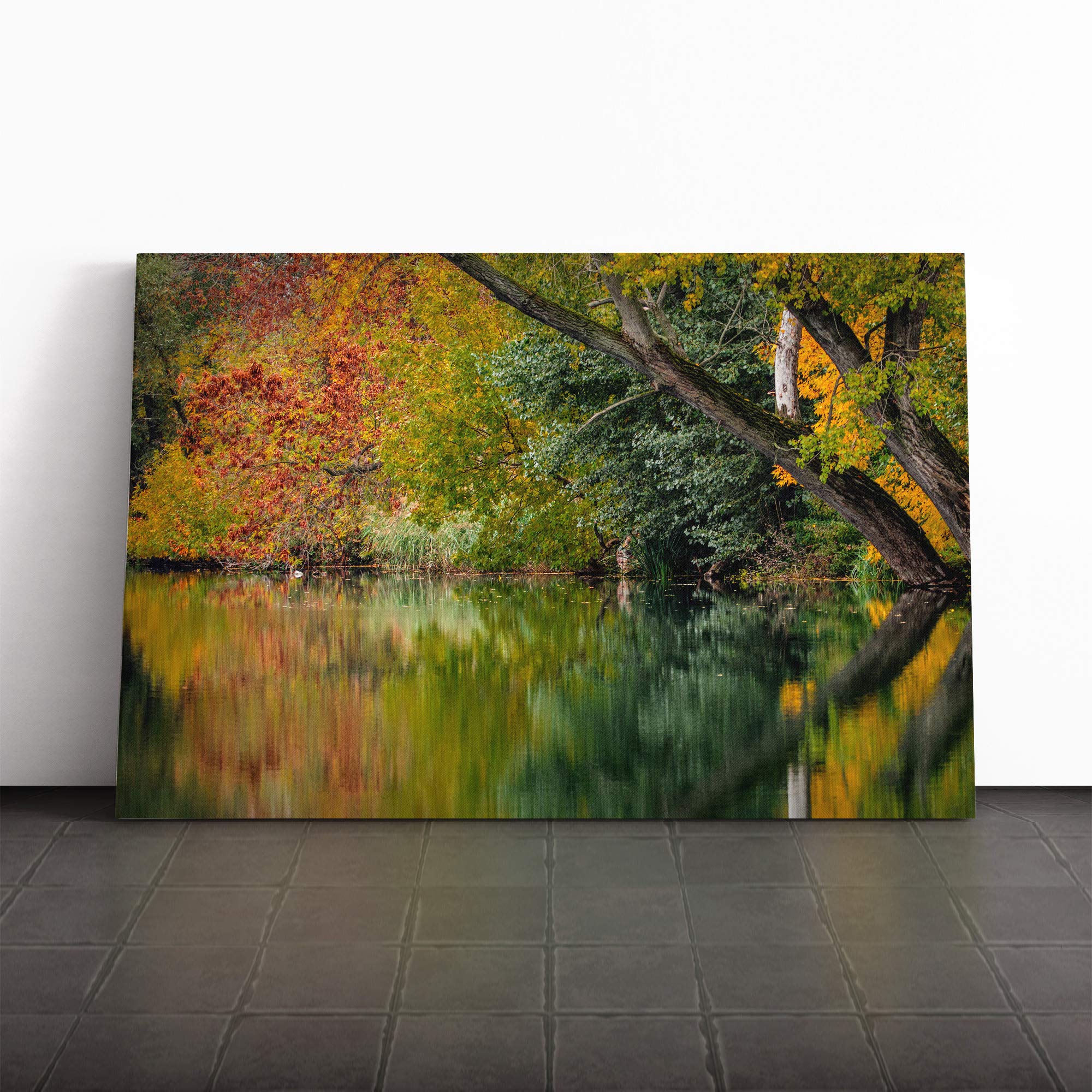 Landscape Autumn Forest Lake Reflection Canvas Print | Gallery Wrapped 30mm Frame Wall Art | 20x14 inches | Ready to Hang | Modern Landscape Picture | Living Room Bedroom Lounge Office