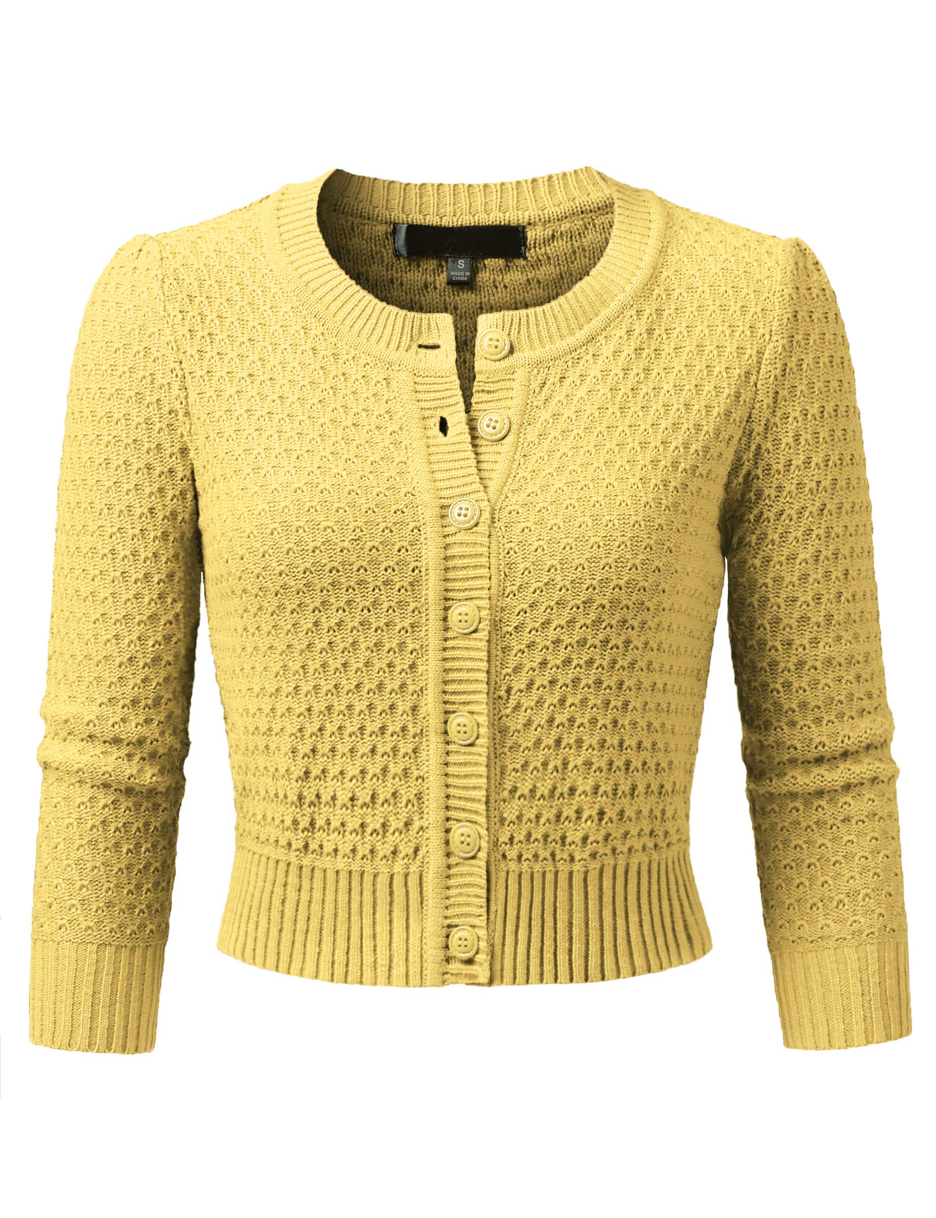 Photo 1 of JSCEND Women's 3/4 Sleeve Crew Neck Button Down Cotton Knit Cropped Cardigan Sweater BABYYELLOW XL