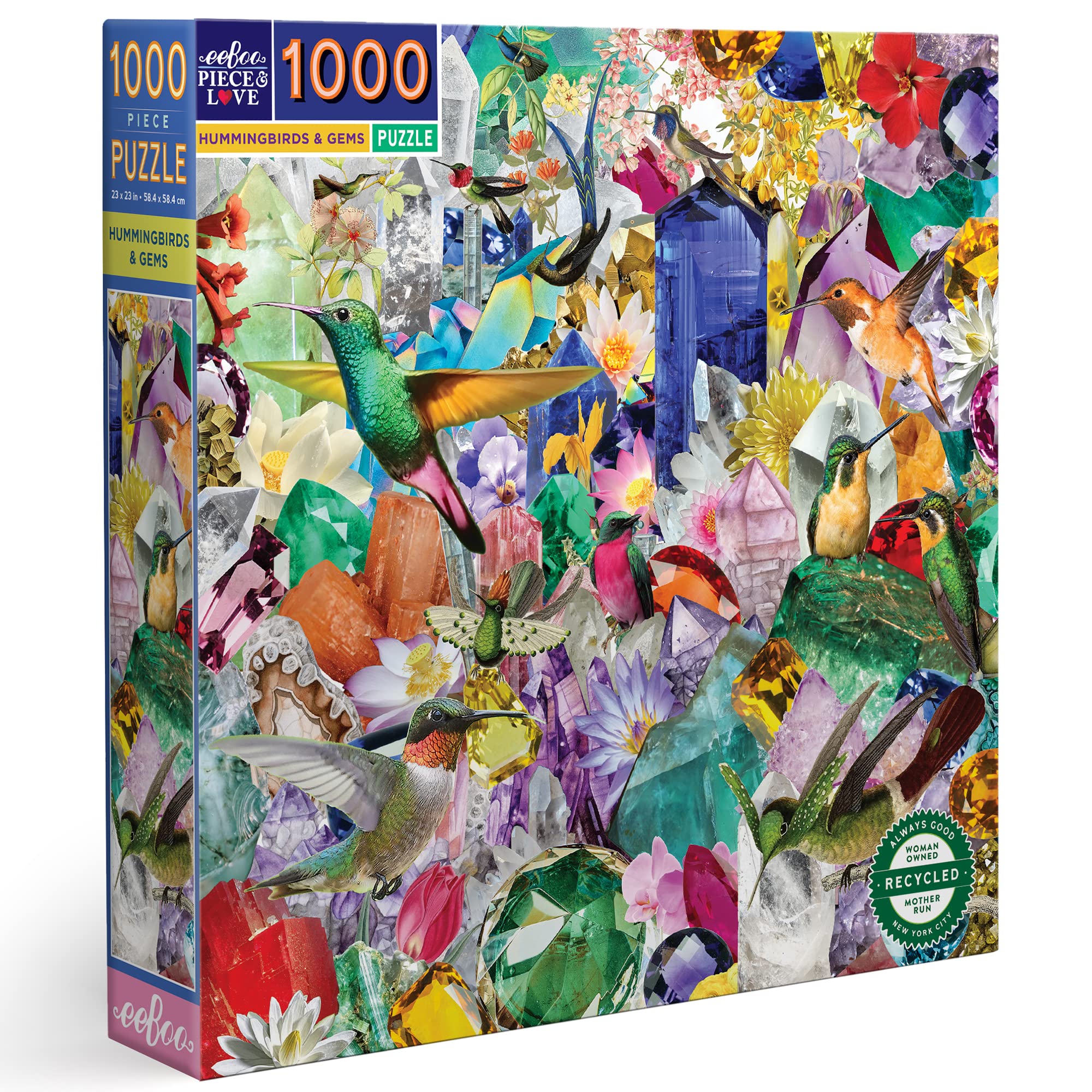 eeBoo: Hummingbirds and Gems 1000 Piece Square Adult Jigsaw Puzzle, 23" x 23", Sturdy Pieces, Ages 14+
