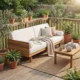 Christopher Knight Home Outdoor Acacia Wood Patio Sofa, 3 Seat Outdoor Couch with Cushions and Removable Bolster Pillows, Modern Wooden Frame Patio Furniture for Backyard Garden Poolside
