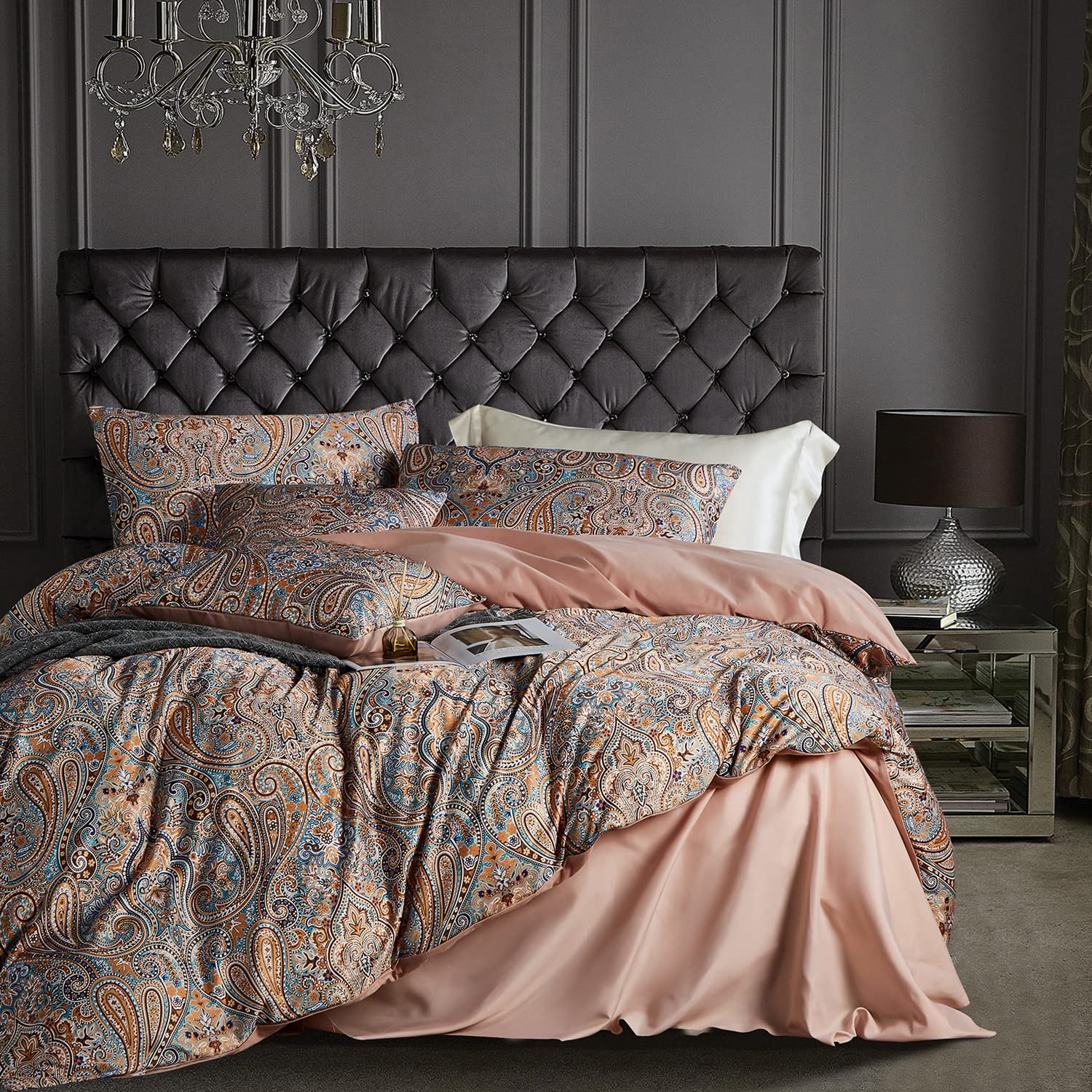 Photo 1 of OranFran Gold Duvet Cover Set,5 PCS Medallion Paisley Print Comforter Cover Set,Bohemian Pattern Bedding Set,Vintage Style Flower Duvet Cover,Soft Reversible Design(Paisley,King/California King)