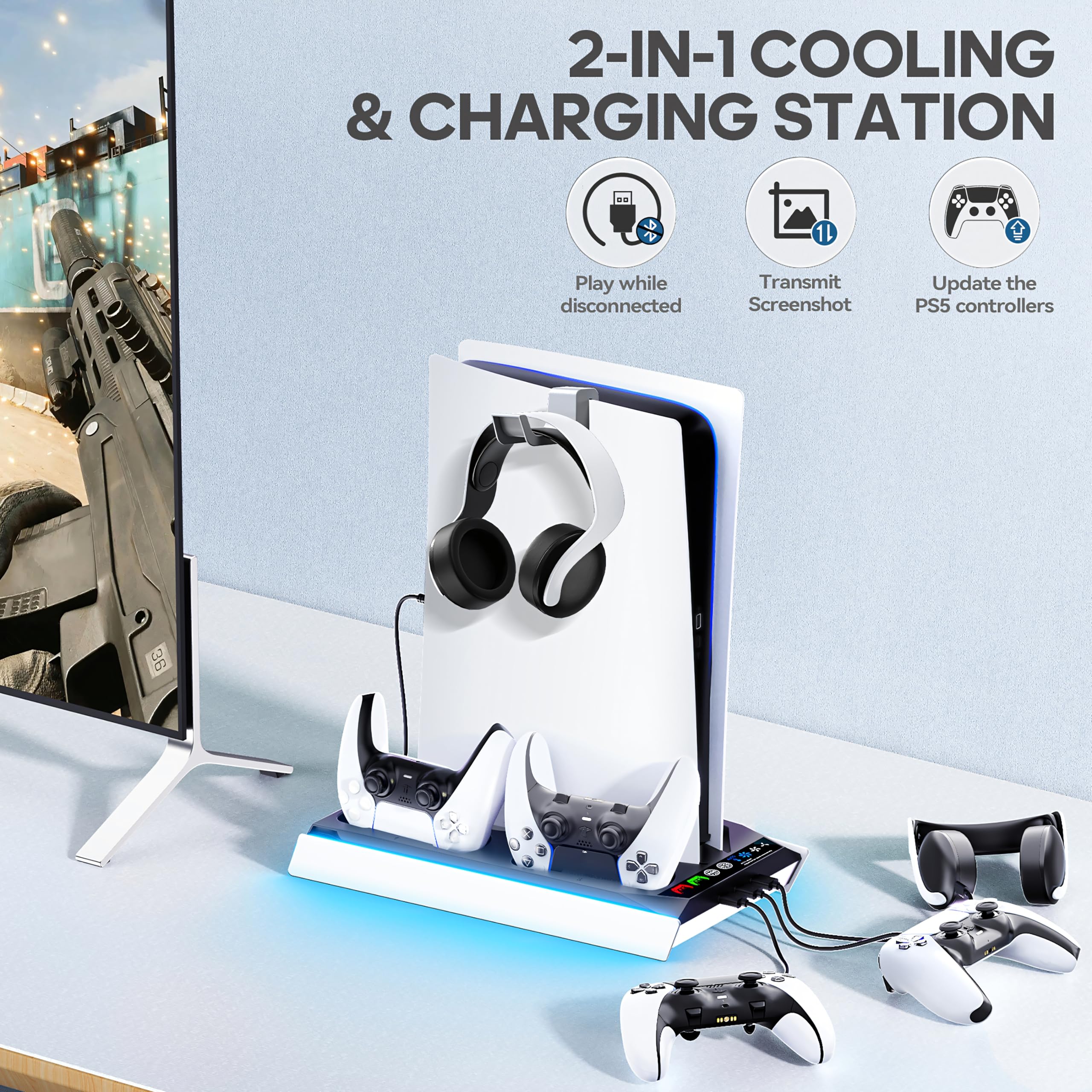Tokluck PS5/PRO/Slim Ständer mit Automatisch Einstellbarer 3-Stufen-Lüfter für Alle PS5 Konsole, PS5 Standfuß und Controller Ladestation für PS5 & Edge Controller, PS5 Zubehörset 3