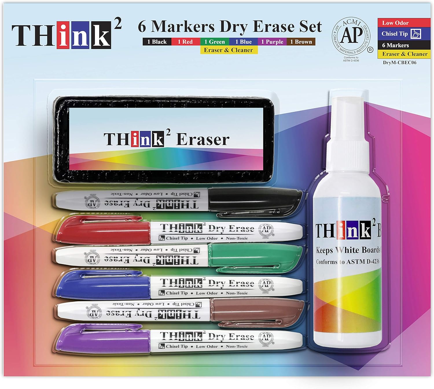 [6 Color Dry Erase Markers] Think2 Chisel Tip Markers with Eraser & Cleaner Set. (1 Black, 1 Red, 1 Blue, 1 Green, 1 Purple, 1 Brown) AP Certified German Ink. For Kids, Classroom, Office, Home : Office Products