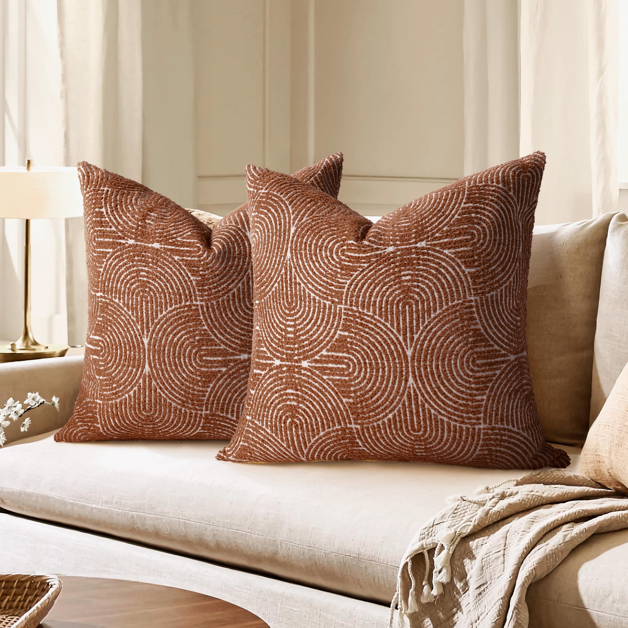 Photo 1 of AELS Boho Decorative Textured Throw Pillow Covers 22x22, Modern Mid Century Rainbow Tufted Pillow Case, Farmhouse Rustic Geometric Woven Cushion Case for Bed Couch Sofa, Burnt Orange