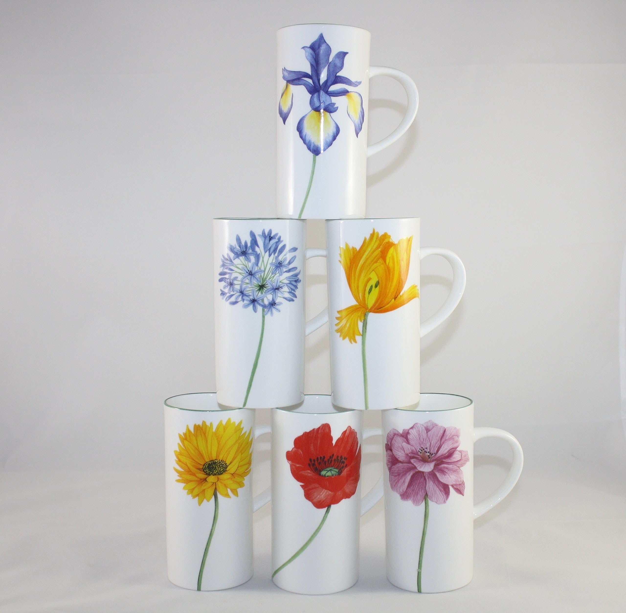 Set of 6 Fine Bone China Contemporary Tall Cylinder Mugs. Individual Stem Flower Design. Hand Decorated and Kiln Fired in Staffordshire.