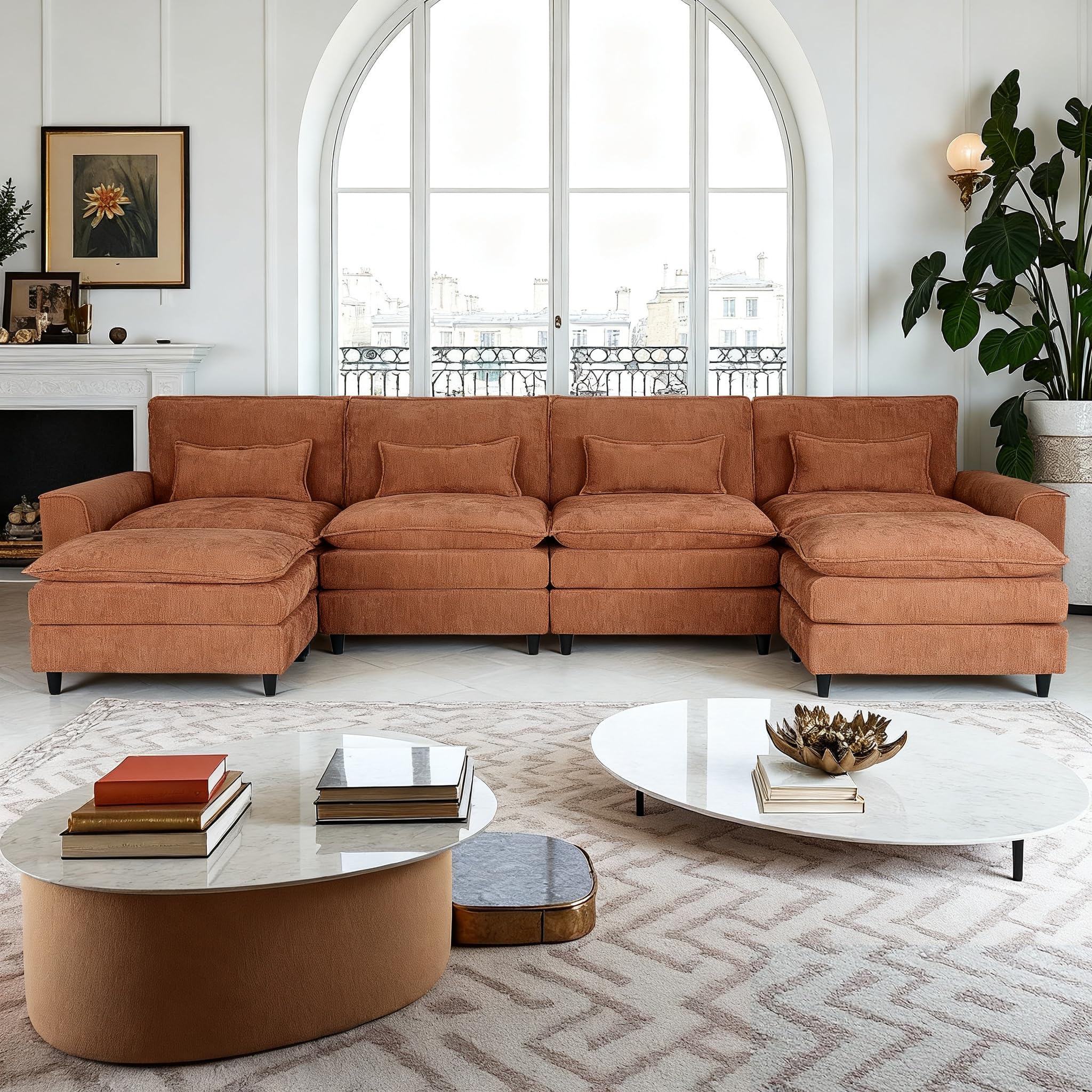 Photo 1 of ***PARTIAL SET*** ***READ CLERK NOTES*** Trygoal Modular Sectional Cloud Couch, 4 Seat Convertible Sectional Couches Sofa with Armrests, Chenille Fabric Deep Seat Couches with 2 Ottoman, Living Room, Apartment and Small Space, Orange Brown