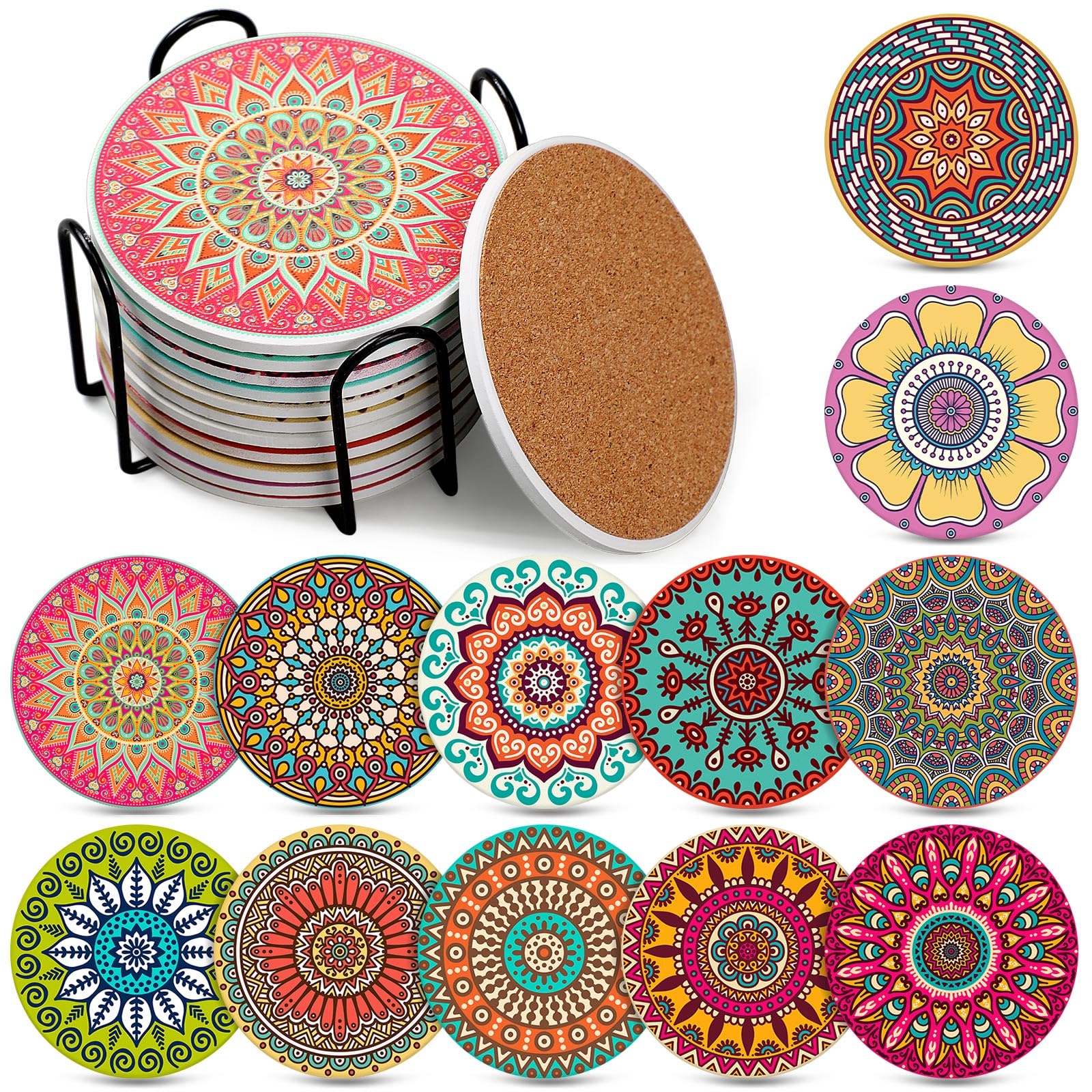 Photo 1 of Hushee 12 Pcs Ceramic Drink Coasters with 1 Holder Holiday Cup Coasters with Cork Backing for Home Table Protection Wine Cups Coffee Bar Party Gifts(Mandala Style)