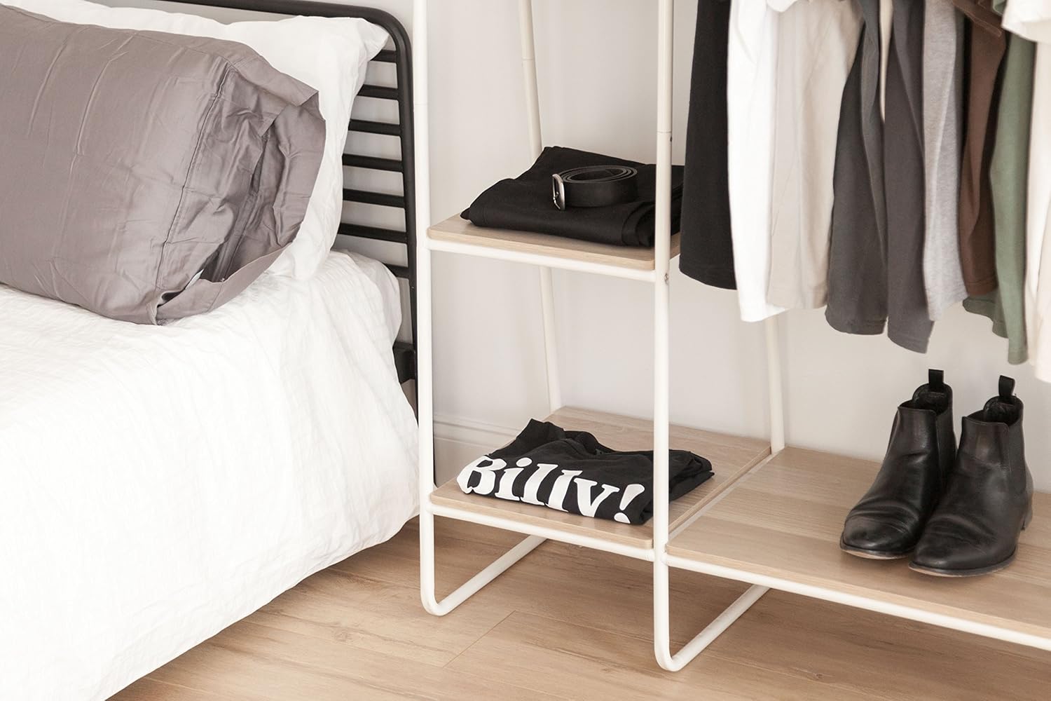 IRIS USA Metal Garment Rack with Wood Shelves, White and Light Brown PI-B3: Home & Kitchen