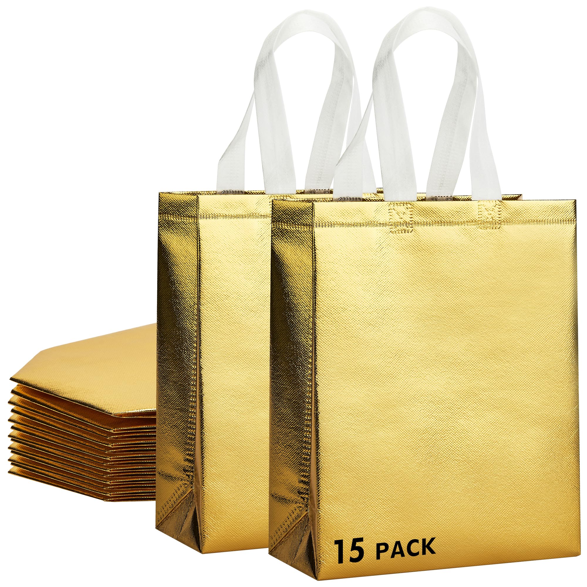 Photo 1 of RACETOP 15 Pcs Gold Gift Bags Medium Size, 8x4x10 Inch Reusable Gift Bags with Handles & Sturdy Base, Ideal for Birthday, Wedding, Bachelorette, Party Favors, Holiday Goodie