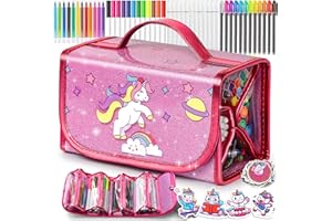 beefunni Unicorn Washable Markers Set 48 pcs with Glitte Pencil Case, Art Supplies for Kids Ages 4-6-8, Arts Crafts Coloring Set with Stickers - Birthday Gifts for Girls 4 5 6 7 8 9 Year Old