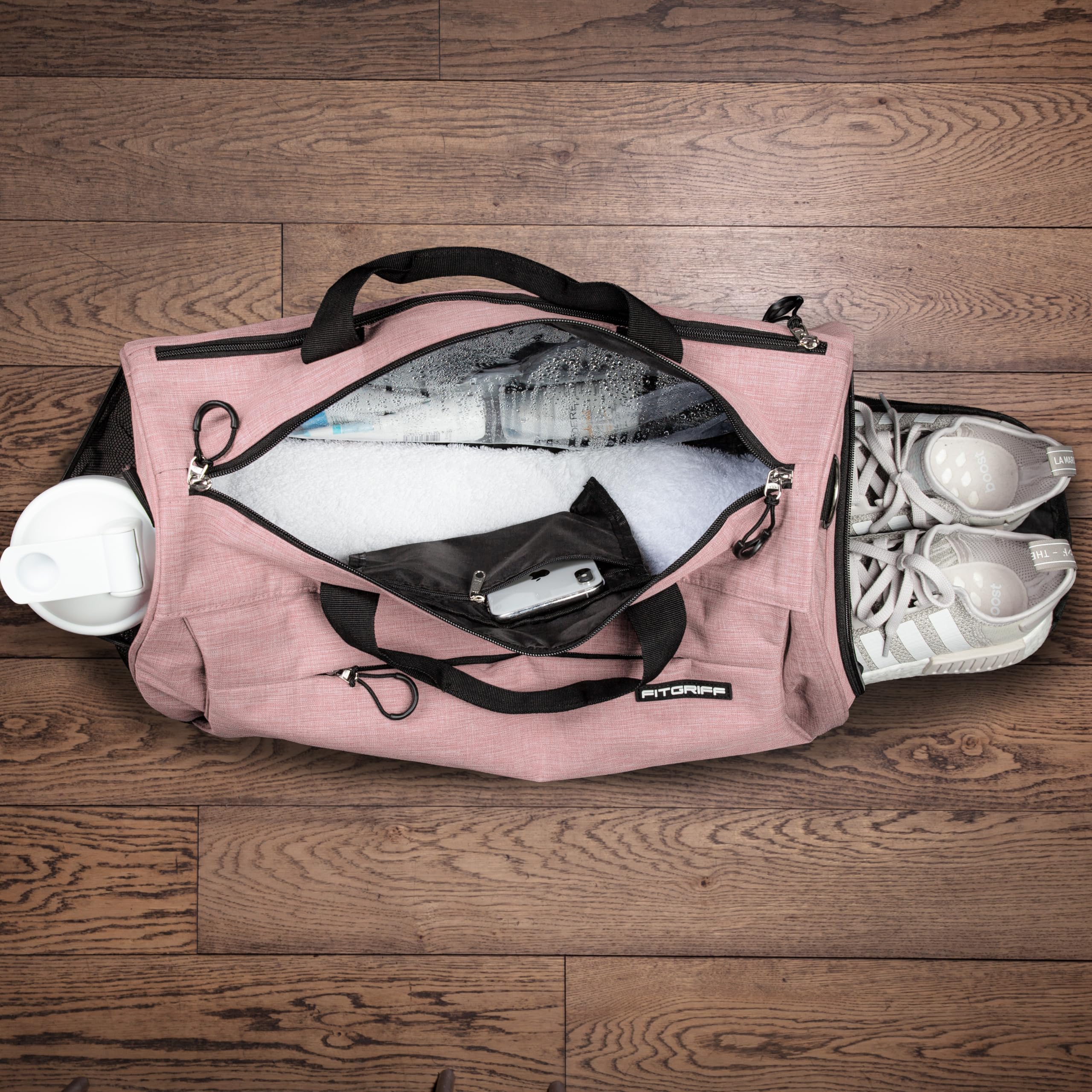 Fitgriff® Sporttasche & Reisetasche für Damen und Herren - mit Schuhfach & Nassfach - Tasche für Sport, Fitness & Reisen - Trainingstasche, Gym Bag (Pink, 48 x 26 x 25 cm (Small)) 4