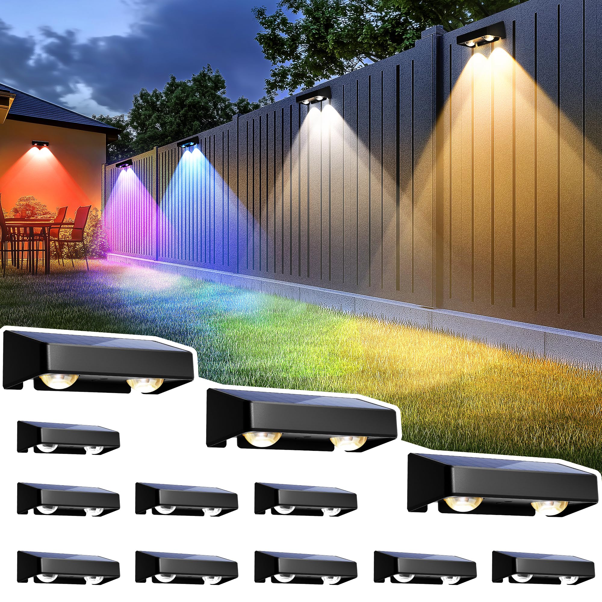 Photo 1 of SOLPEX Solar Fence Lights Outdoor, 9 Fixed Colors ? Color Changing Fence Solar Lights Outdoor Waterproof IP65, LED Deck Lighting for Halloween Wall Backyard Step Railing Patio Pool Porch(12 Pack)