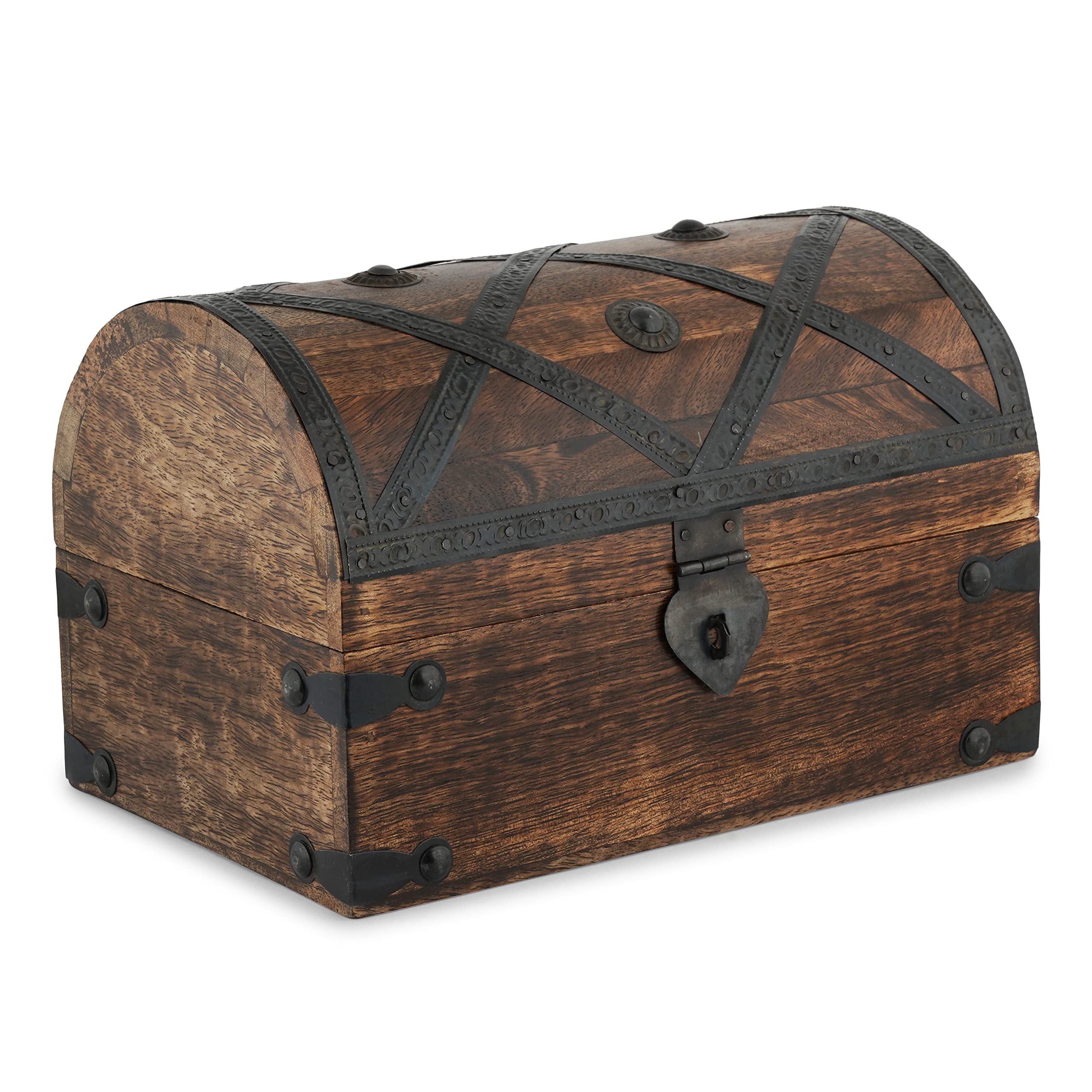 Ajuny Handcrafted Wooden Pirate Treasure Chest Jewelry Box Multipurpose Vintage Shell Strips Keepsake Trinket Storage Case Holder Necklace Earring Organizer Gift, 9x6 Inch