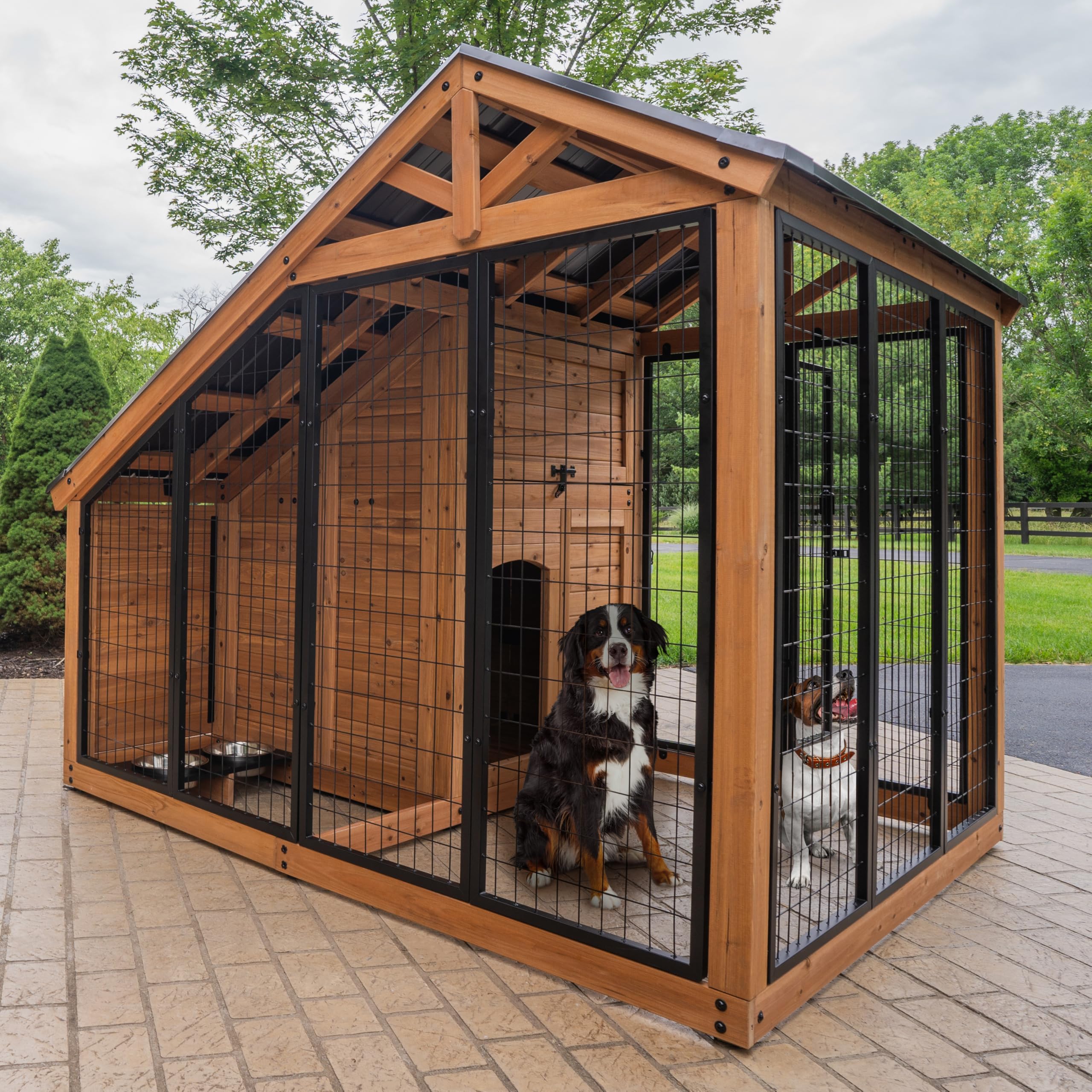 Photo 1 of Backyard Discovery 7' x 5' Waggin' Retreat Cedar Wood Large Dog Kennel with Galvanized Steel Roof, Feeding Door, Doghouse Back Door, Water and Food Tray, Secure Lock Gate for Safe Outdoor Pet Shelter