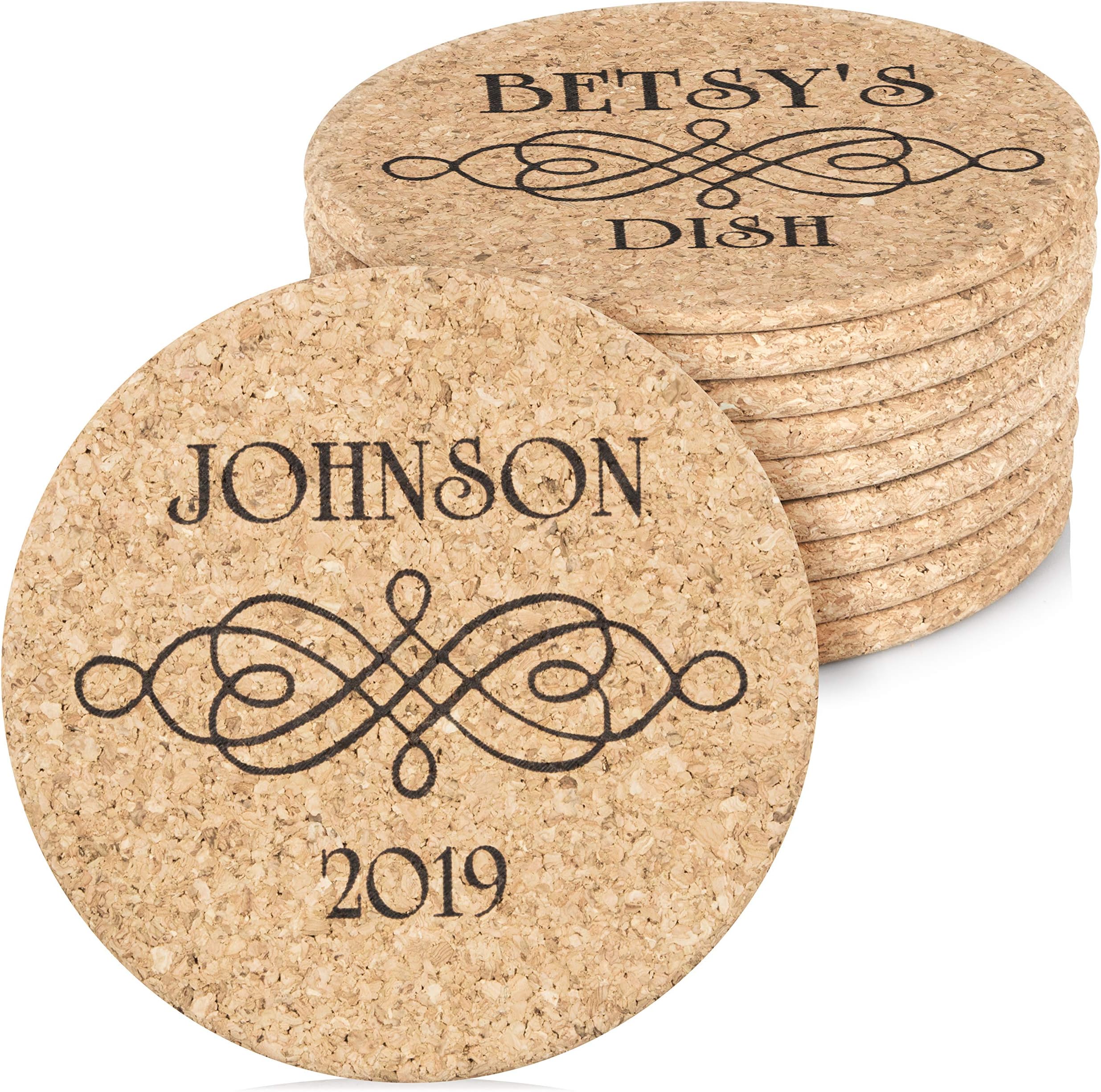 Custom Catch Personalized Cork Trivet Gift - (2) 7" Hot Pads - Customizable Housewarming Scroll Decoration Trivets for Dishes, Pots, Pans, Baking Sheets, Plates for Table, Countertop, Kitchen