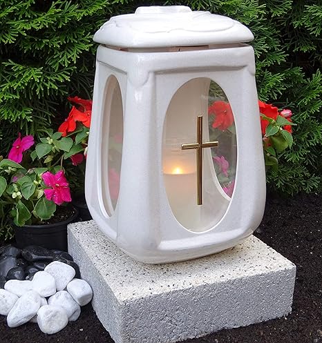 ? GRABLAMPE MIT SOCKEL UND GRABKERZE Keramik Weiss Glas Kreuz GRABDEKORATION GRABLATERNE Grablicht GRABSCHMUCK GRABLEUCHTE La