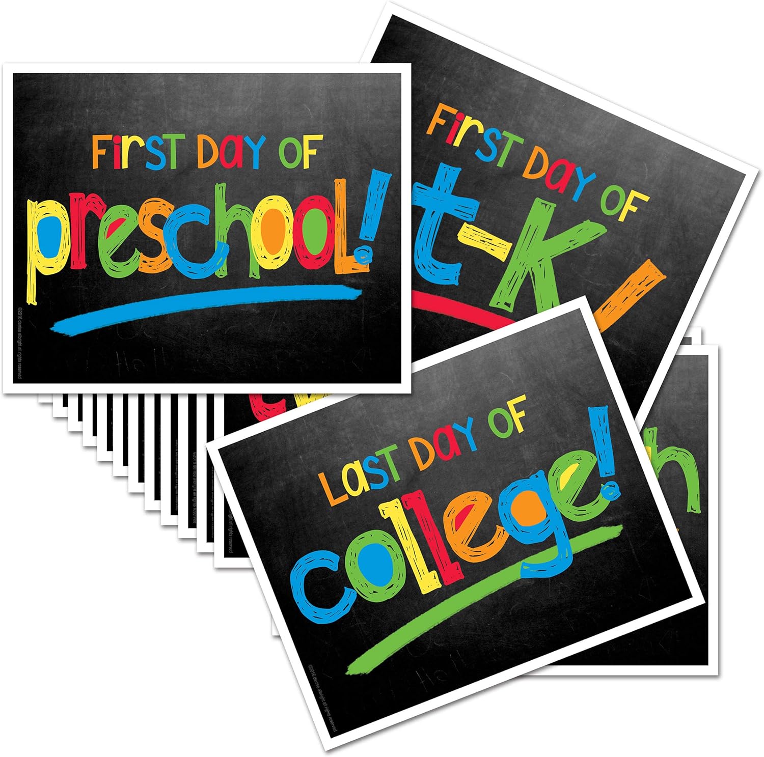 Amazon Com First Day Last Day Of School Photo Prop Signs 8 X 10 Primary Colors Chalkboard 16 Grade Preschool Pre K T K Kindergarten 1st 12th Grades To College Arts Crafts Sewing