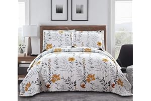 ARL HOME Bedspread Coverlet Set Queen Size Floral Quilts Set Bedding Lightweight Floral Quilt Collection Home Reversible Quilt Bedspread Sping Leaves Yellow Flower Quilt Bedding Garden Bedspread+2 Pillow Shams