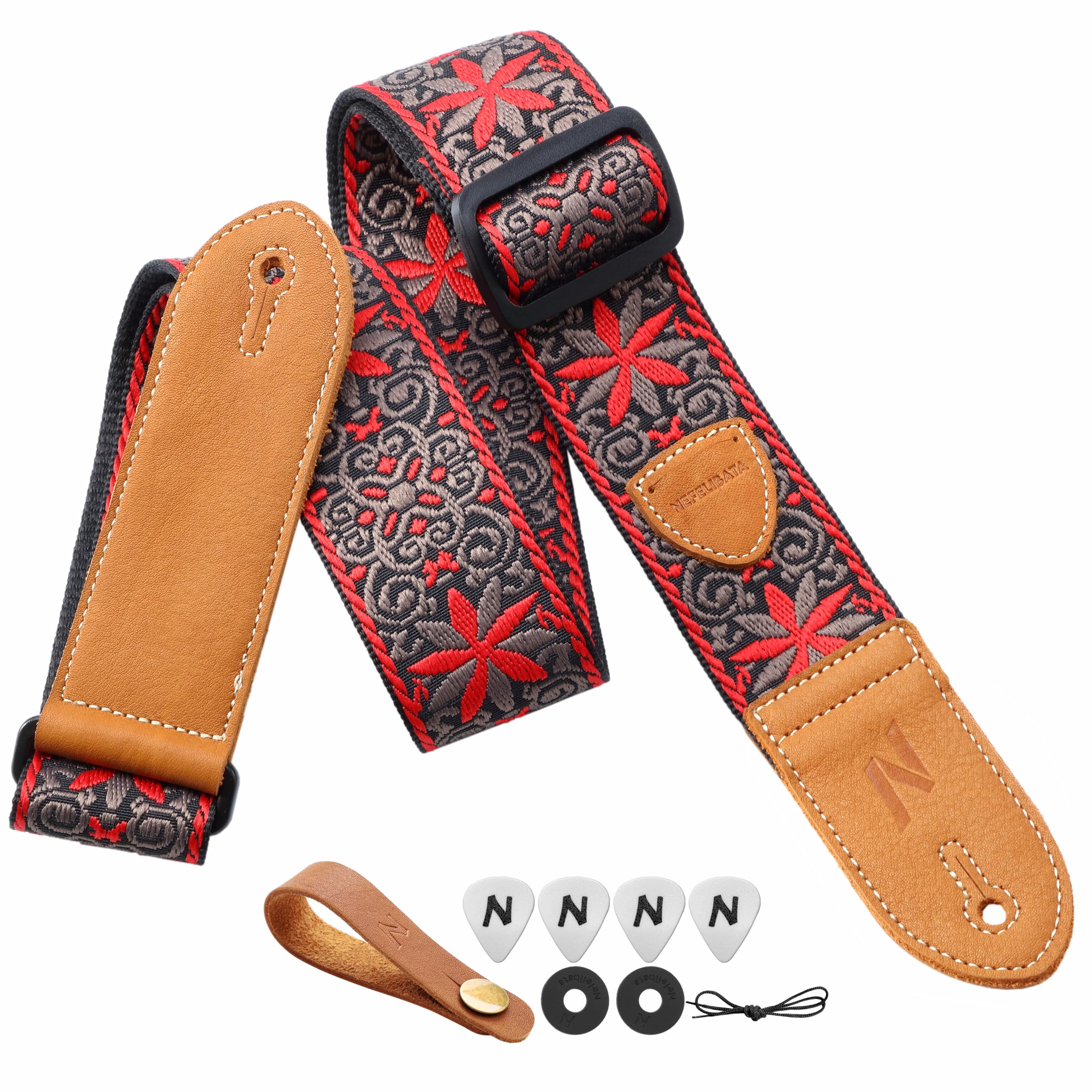 Nefelibata Guitar strap Leather Ends, Vintage Woven W/FREE BONUS-4 Picks+Locks+Button For Bass, Electric & Acoustic Guitars