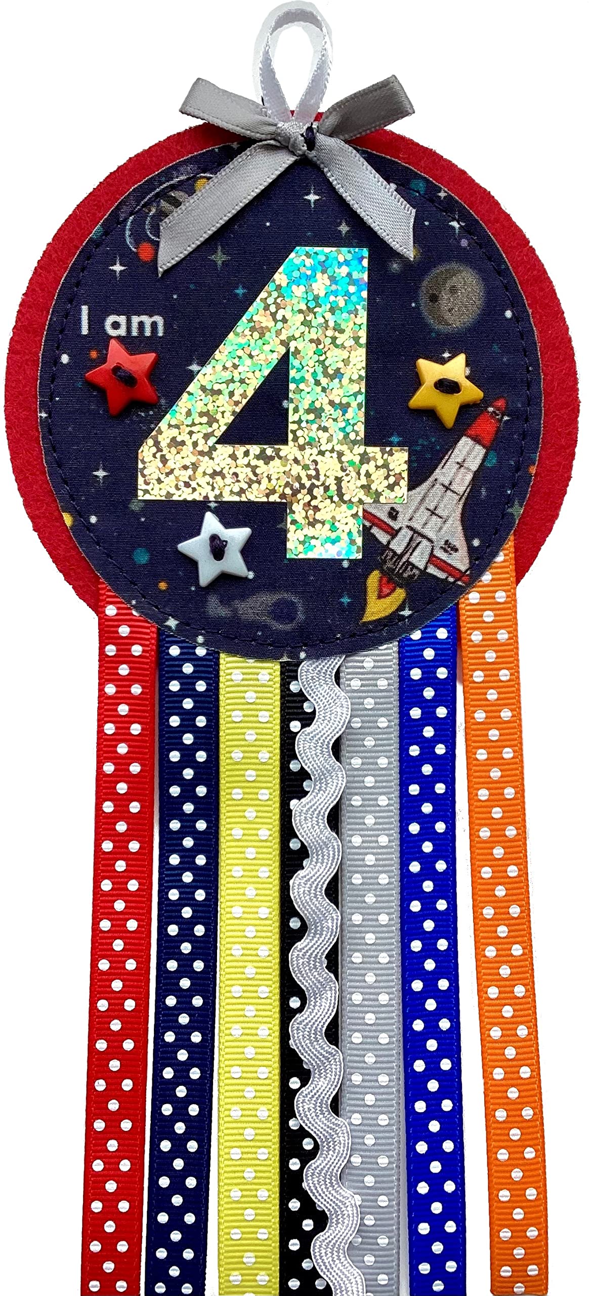 Ditsy Rosettes Space Shuttle Rockets Birthday Rosette Badge - Age 3, 4, 5, 6, 7, 8, 9 - Perfect Party Gift card β Birthday Boy, Birthday Girl (Age 4) β image 1