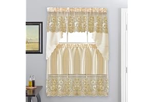 American Linen 3 Piece Sequin Embroidered Window Curtain Set – Valance and Tiers – Kitchen, Living Room, or Bathroom Curtains