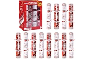 FUN LITTLE TOYS Christmas Crackers, 12 Pack Christmas Party Favors with Party Hat, Joke & Little Gift Inside for Christmas Thanksgiving Seasonal Holiday Dinner Traditions (Red and White)
