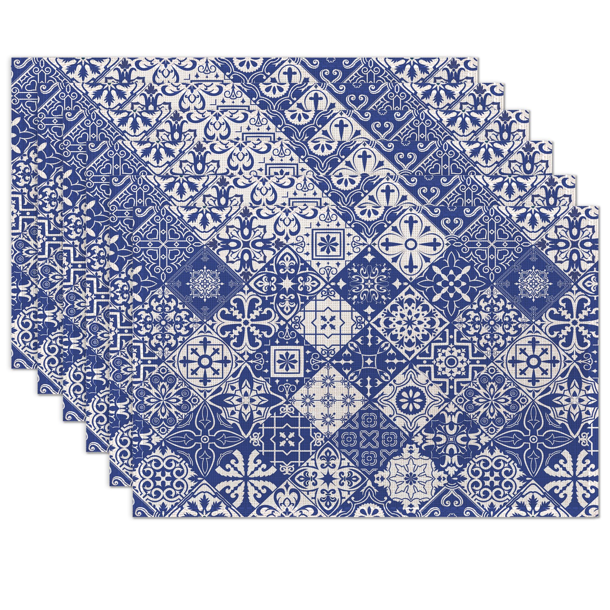 Photo 1 of Blue Folk Ethnic Placemats Set of 6 Place Mats for Kitchen Table Washable Farmhouse Linen Table Mats Dining Decoration 12x18 Inch