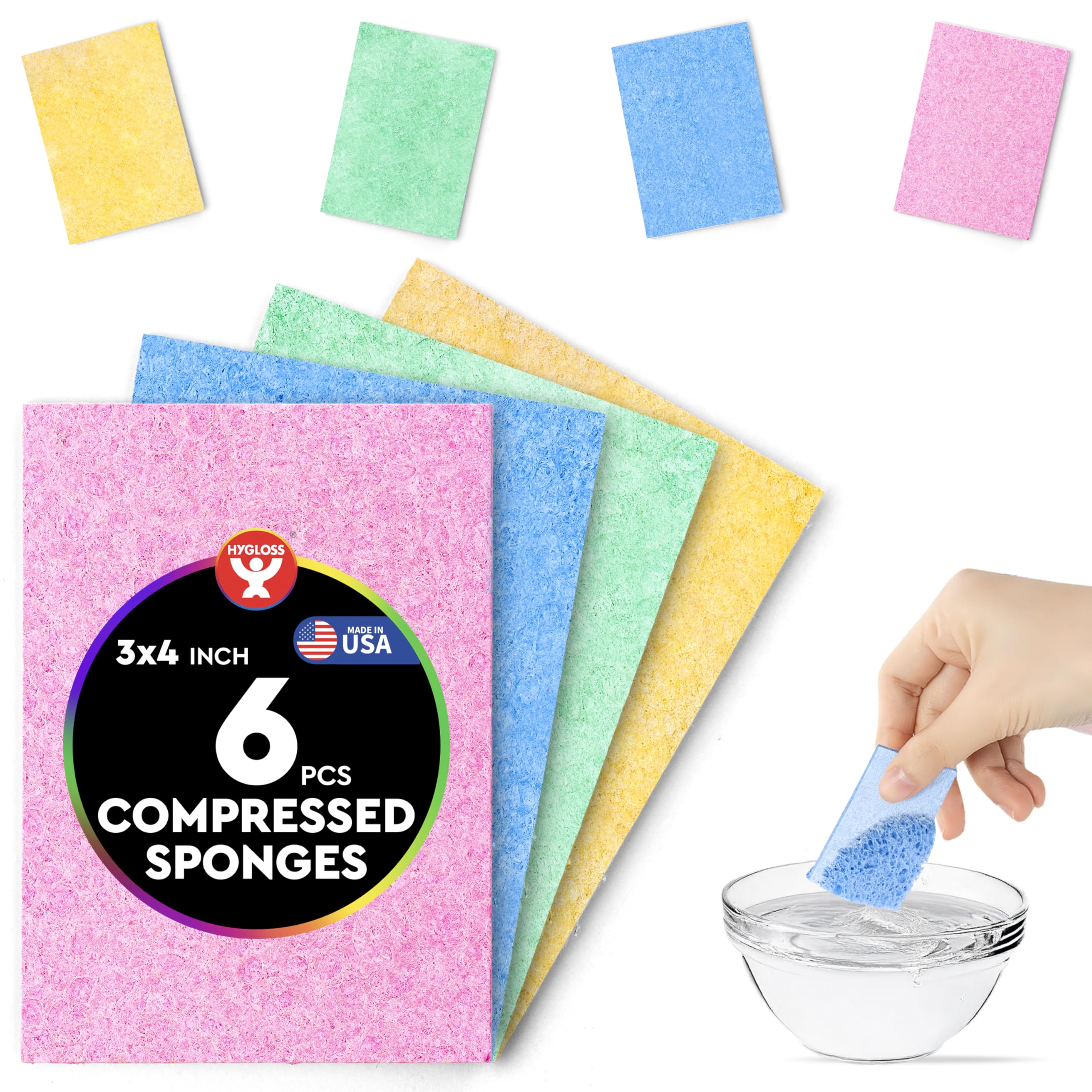 Hygloss Compressed Sponges for Crafts - 6 Pack 3x4 Rectangle-Shaped Sponges - Expanding Paint Sponge Shapes for Kids - Art Sponge for Painting, DIY Crafts, Sensory Water Play & More - Assorted Colors
