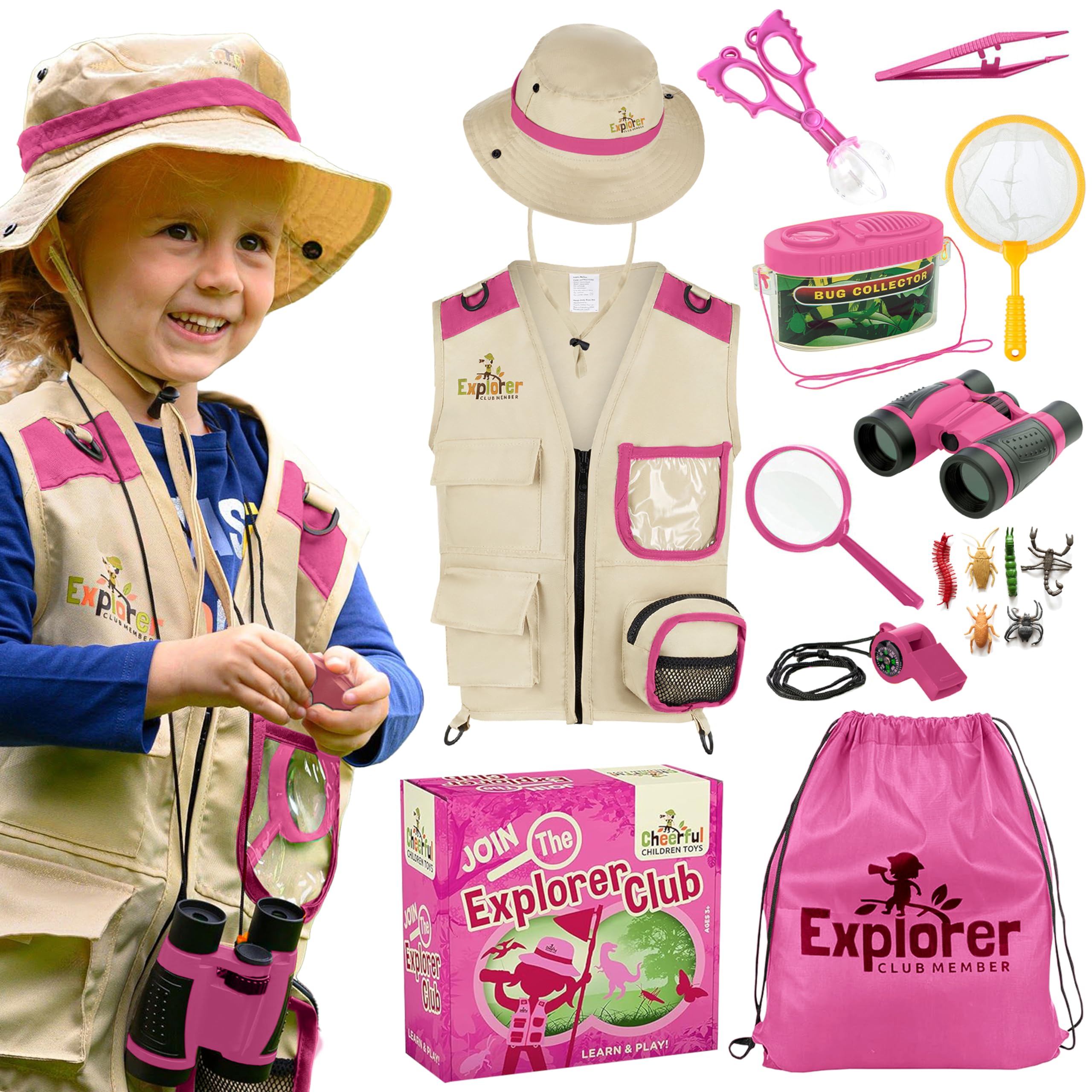 Kids Explorer Kit with Activity Book, Bug Hunting Kits for Children with Safari Vest, Zoo Keeper Hat & Kids Binoculars, Dress Up Toy for Nature & Insect Lovers Ages 3-7 (Pink)