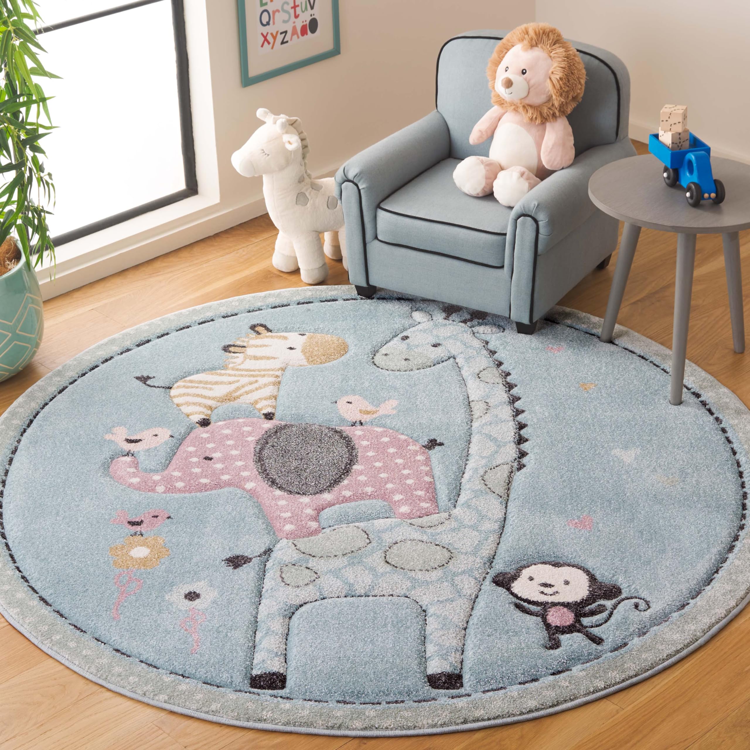 SAFAVIEH Carousel Kids Collection Area Rug - 6'7" Round, Blue, Animal Design, Easy Care & Non-Shedding, Ideal for High Traffic Areas for Boys & Girls in Playroom, Nursery (CRK120K-7R) Image